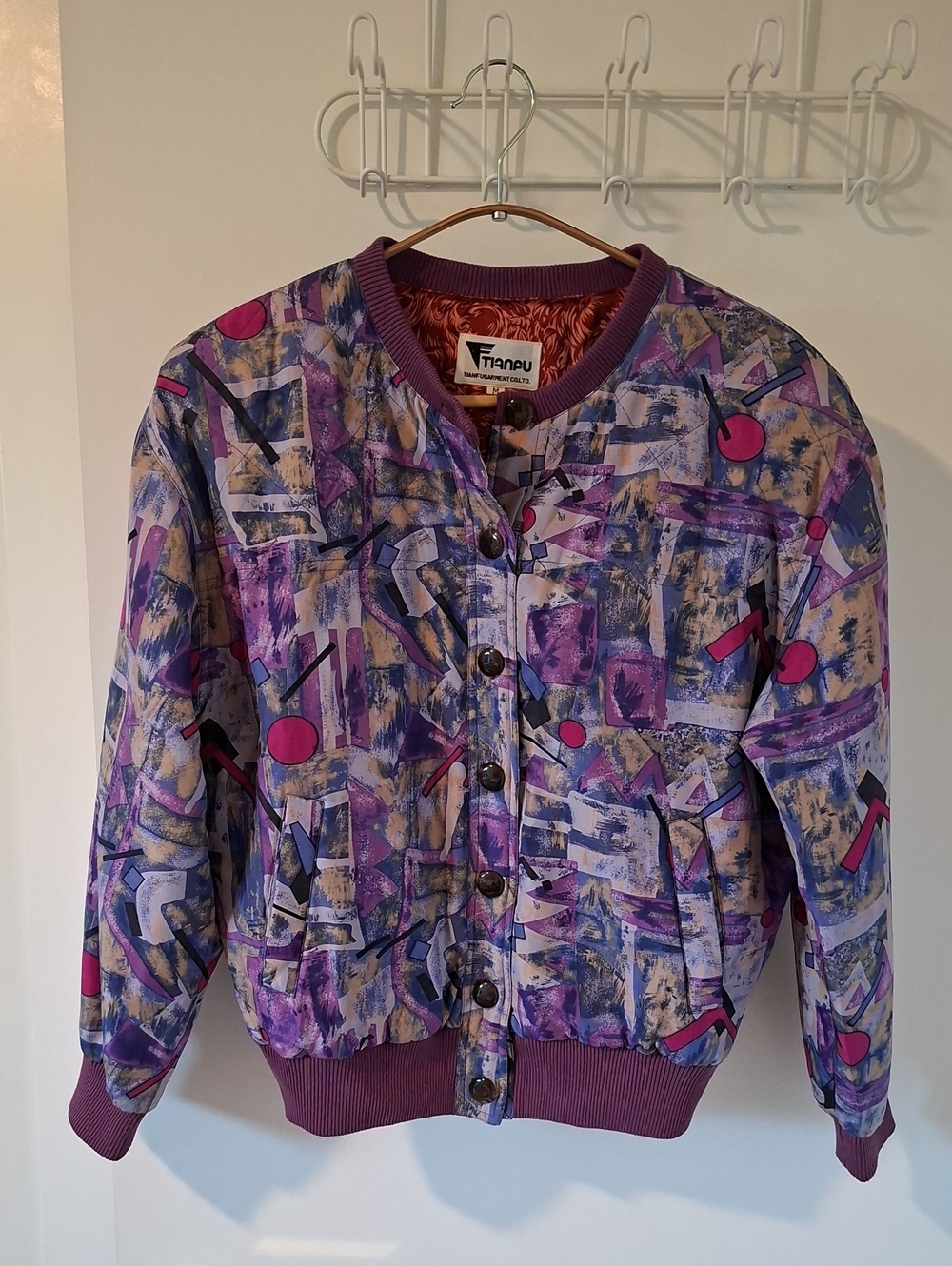 Vintage 80's 100% Silk Purple Geo-print Quilted Bomber Jacket (Size M)